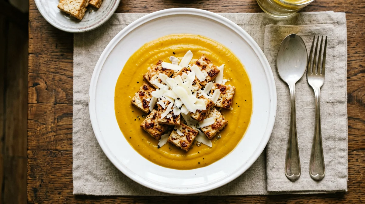 Vellutata di zucca allo zenzero con tofu croccante e Parmigiano
