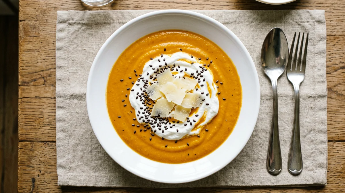 Crema di carote e zenzero con yogurt greco, Parmigiano e semi di canapa
