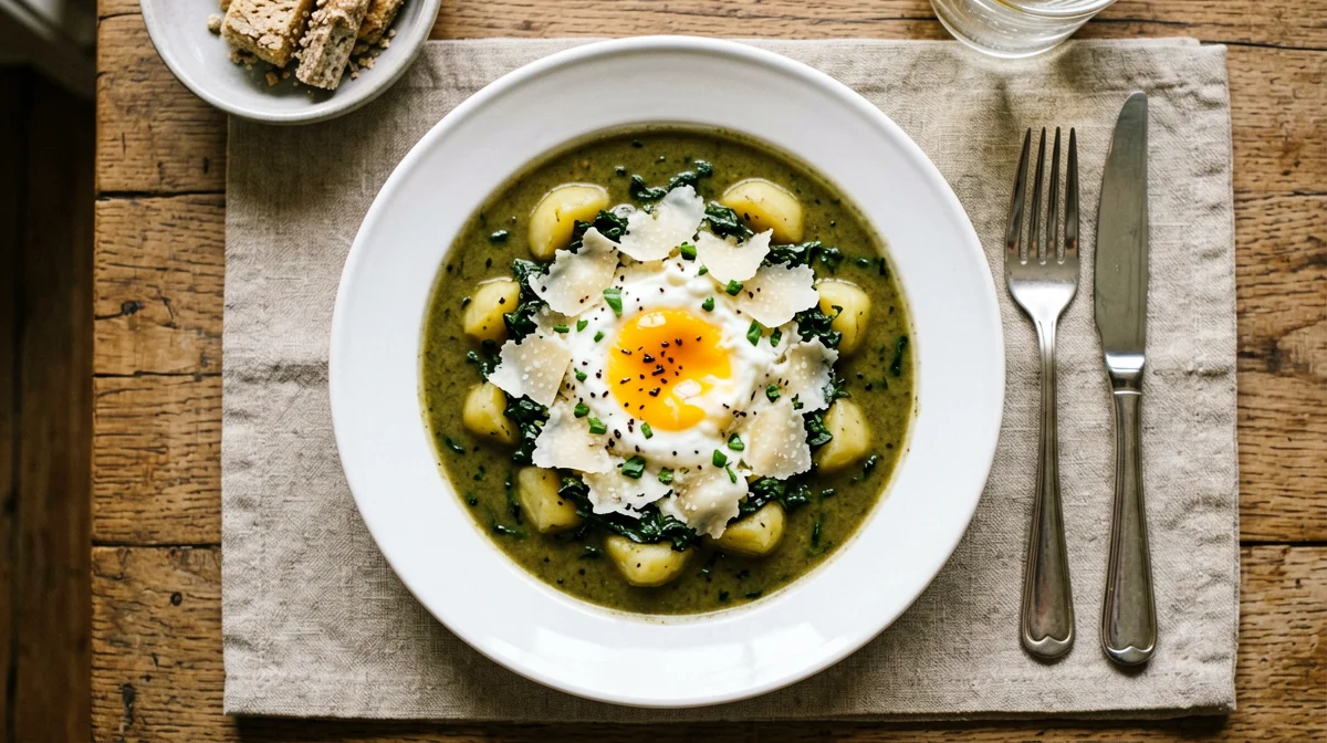Cavolo nero and potato soup with egg and pecorino stracciatella
