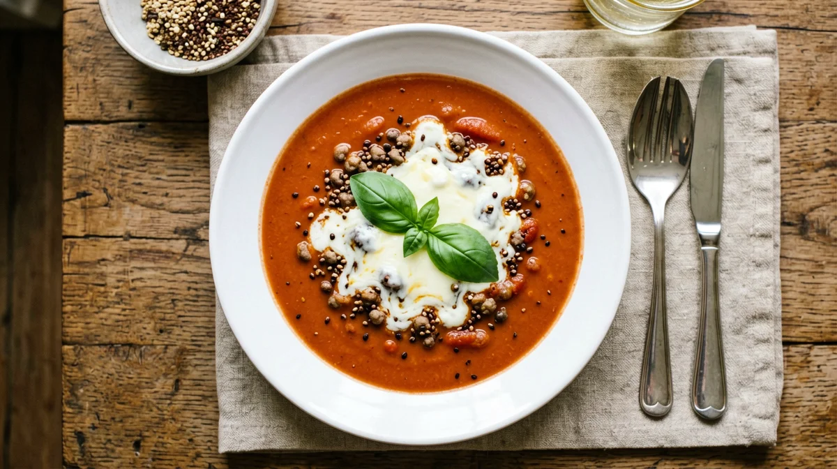 Zuppa di pomodoro e quinoa con mozzarella filante e basilico