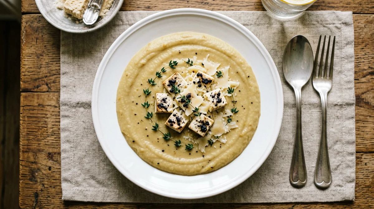 Crema di sedano rapa e patate al timo con tofu affumicato e Parmigiano