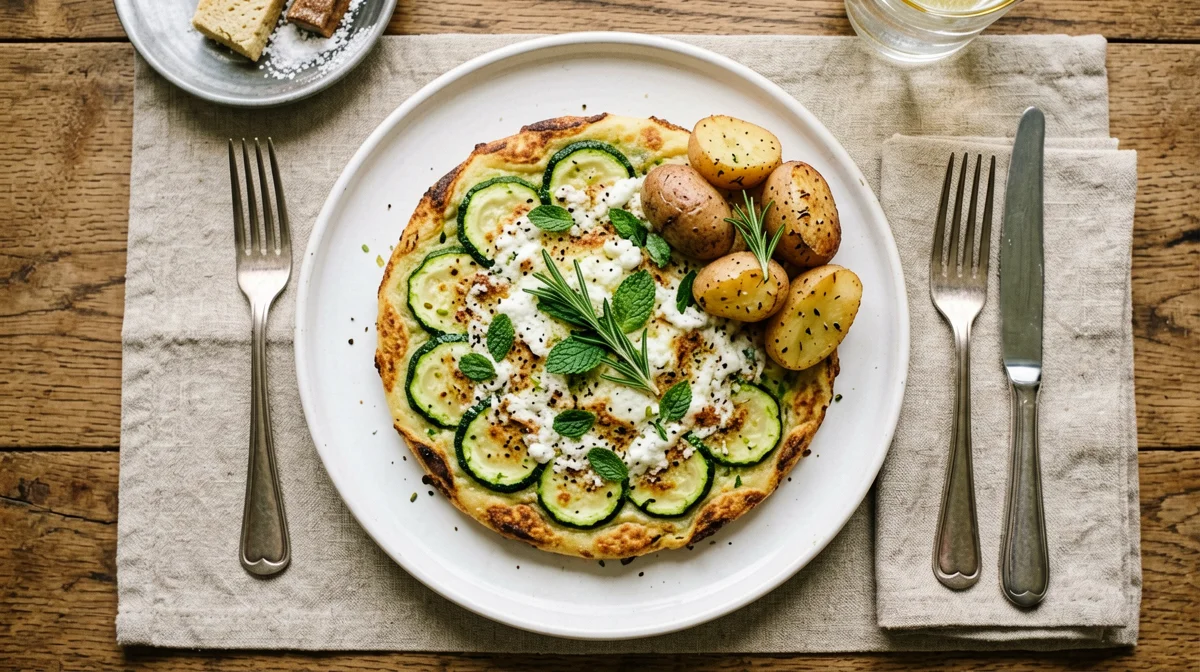 Courgette, mint and pecorino frittata with rosemary new potatoes