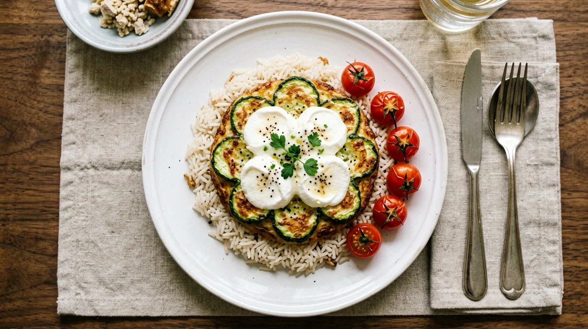 Frittata di fiori di zucca e mozzarella con riso basmati e pomodorini