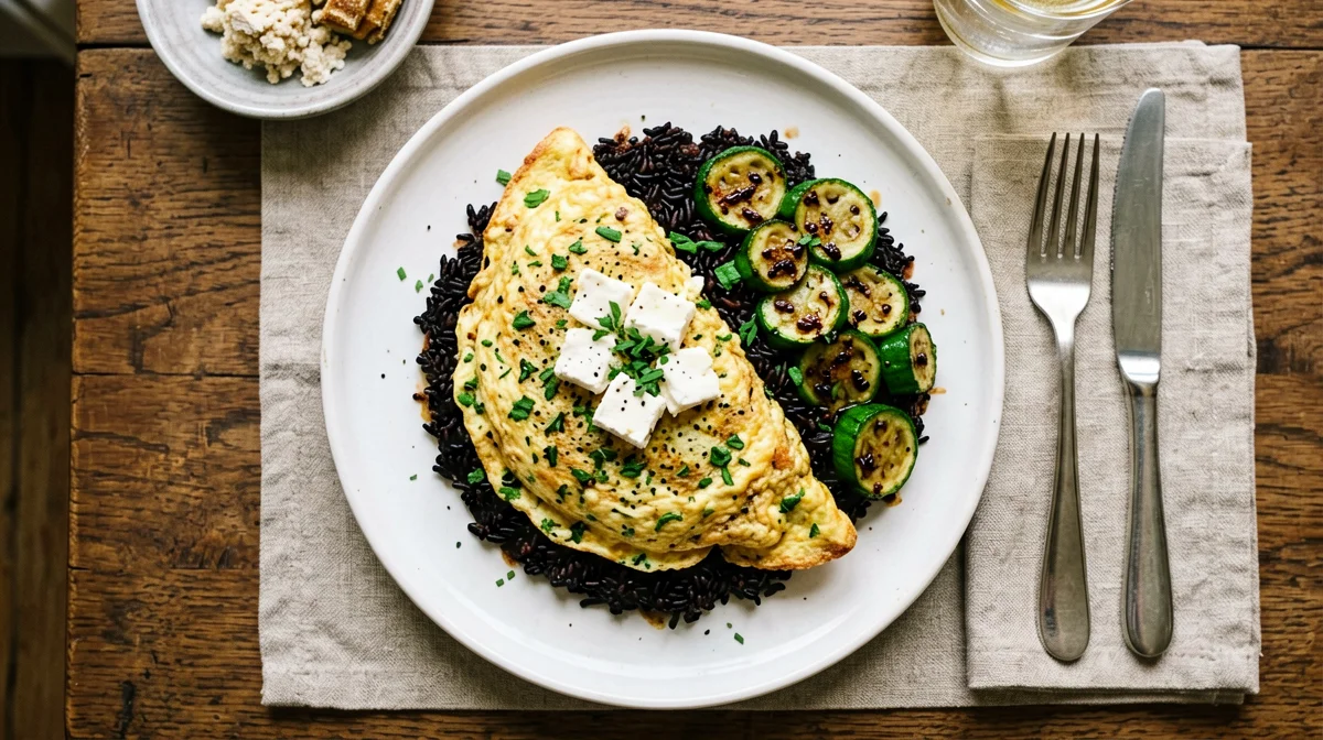 Omelette alle erbe con Groviera e riso Venere saltato con zucchine