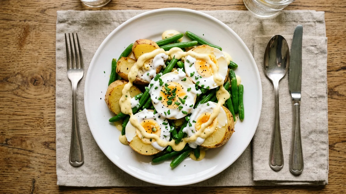 Warm potato, green bean and boiled egg salad with yoghurt and mustard dressing