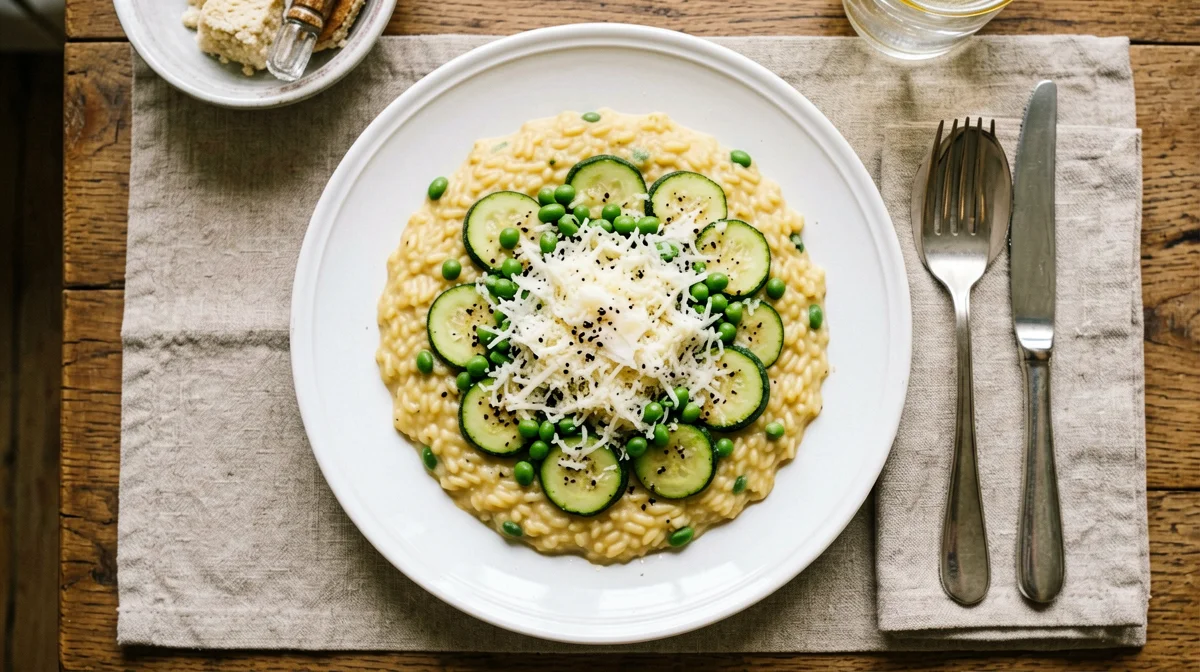 Lemon risotto with edamame, courgettes and Parmesan
