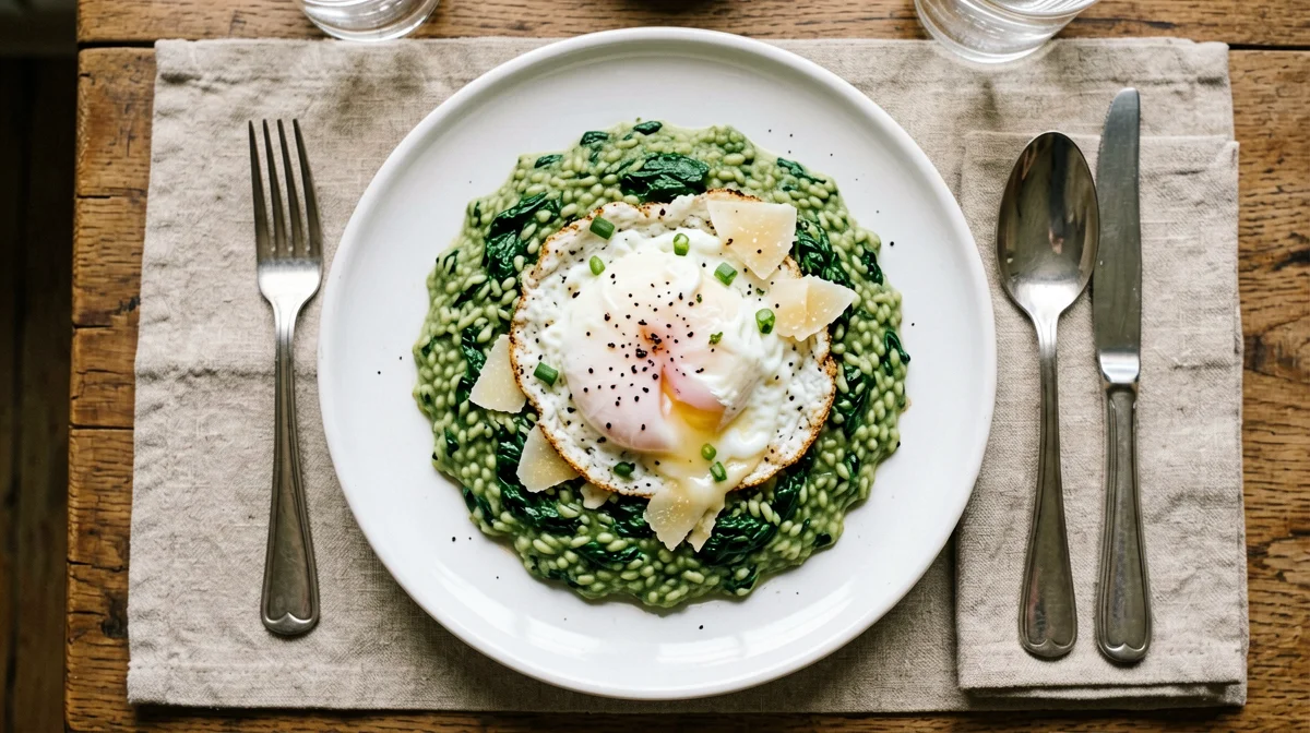 Risotto agli spinaci con uovo in camicia e Grana Padano