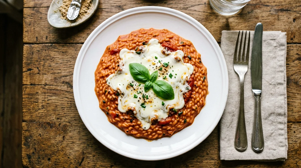 Fresh tomato risotto with melting mozzarella and basil