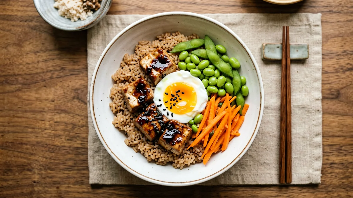 Brown rice bowl with tamari tofu, soft egg, edamame and carrots