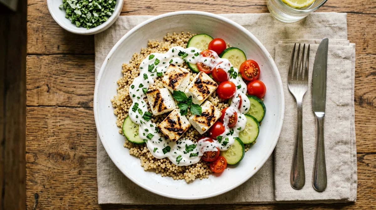 Bowl di quinoa con halloumi grigliato, zucchine, pomodorini e salsa allo yogurt e menta