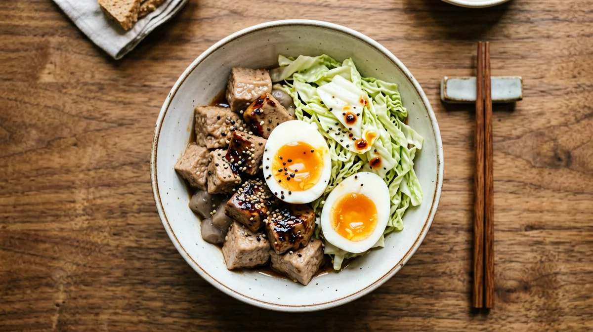 Buckwheat bowl with tamari tempeh, boiled egg and crunchy cabbage