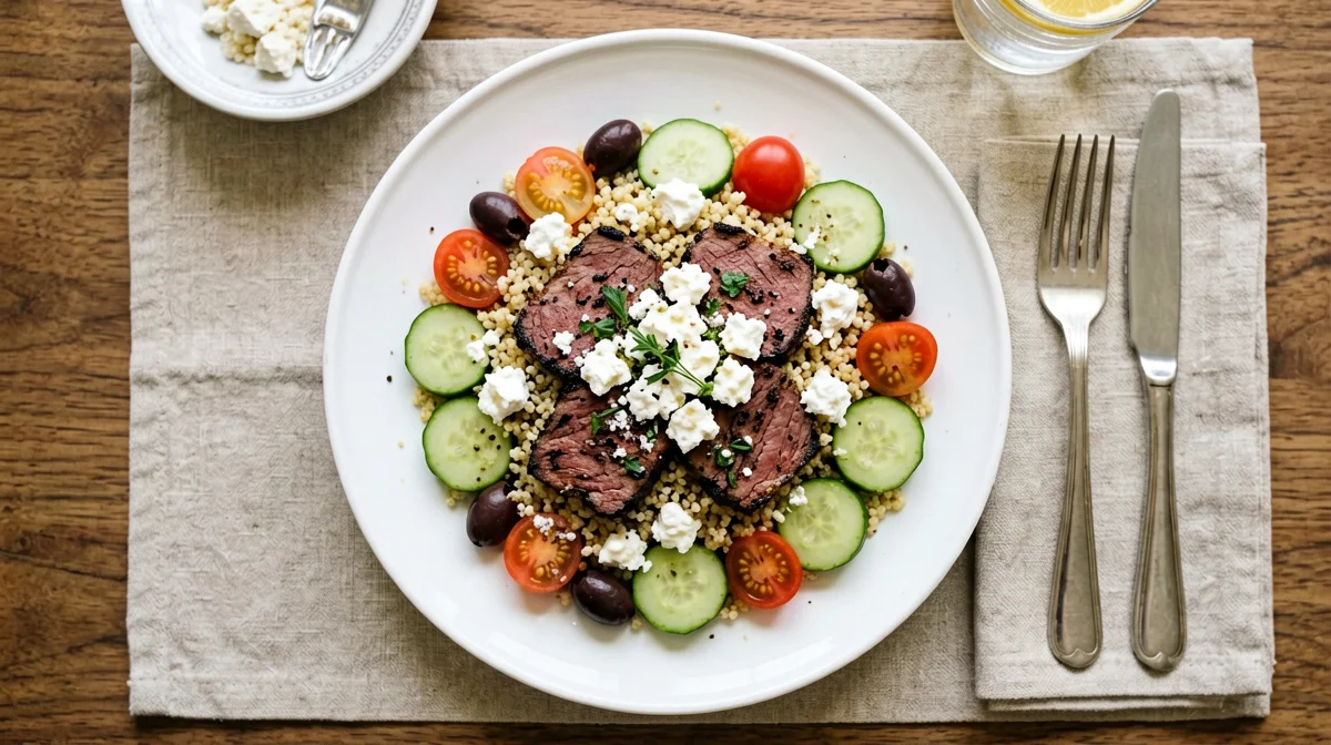 Millet salad with griddled seitan, cherry tomatoes, cucumber, olives and feta