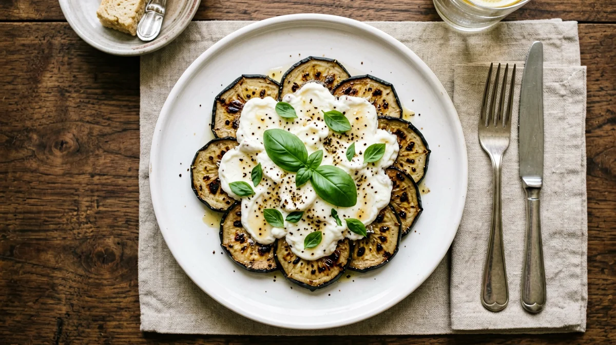 Grilled aubergine parmigiana with mozzarella and basil