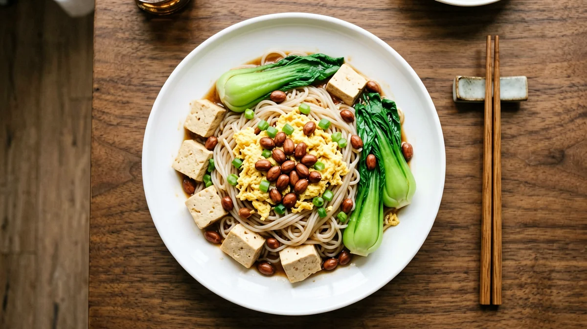 Spaghetti di riso saltati con tofu, uovo, pak choi e arachidi