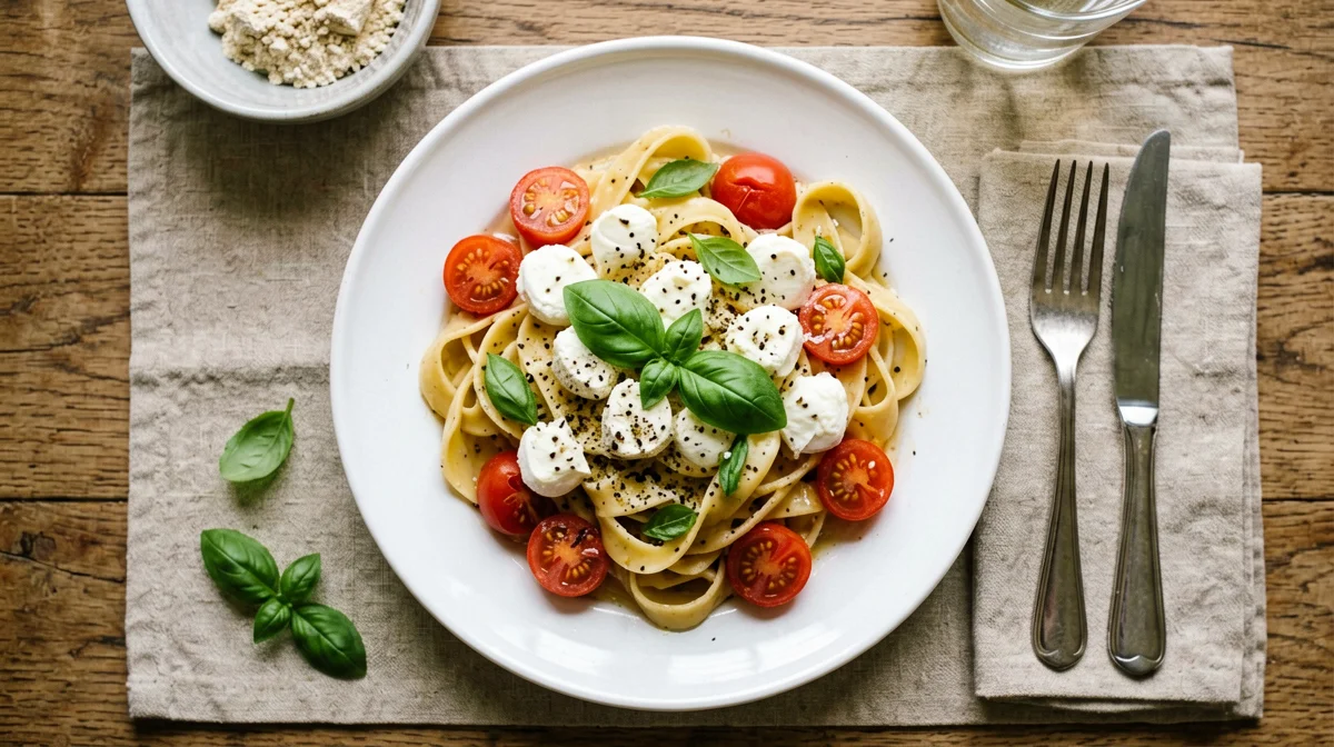Pasta senza glutine alla caprese con pomodorini, mozzarella e basilico