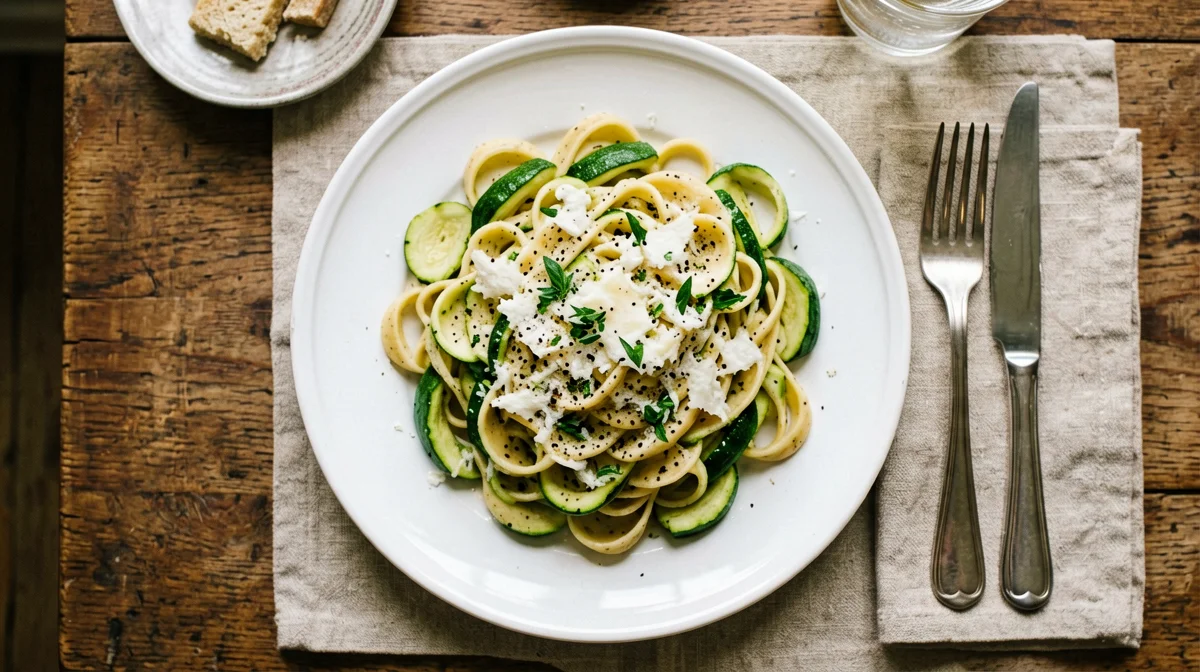 Courgette carbonara with gluten-free pasta and pecorino