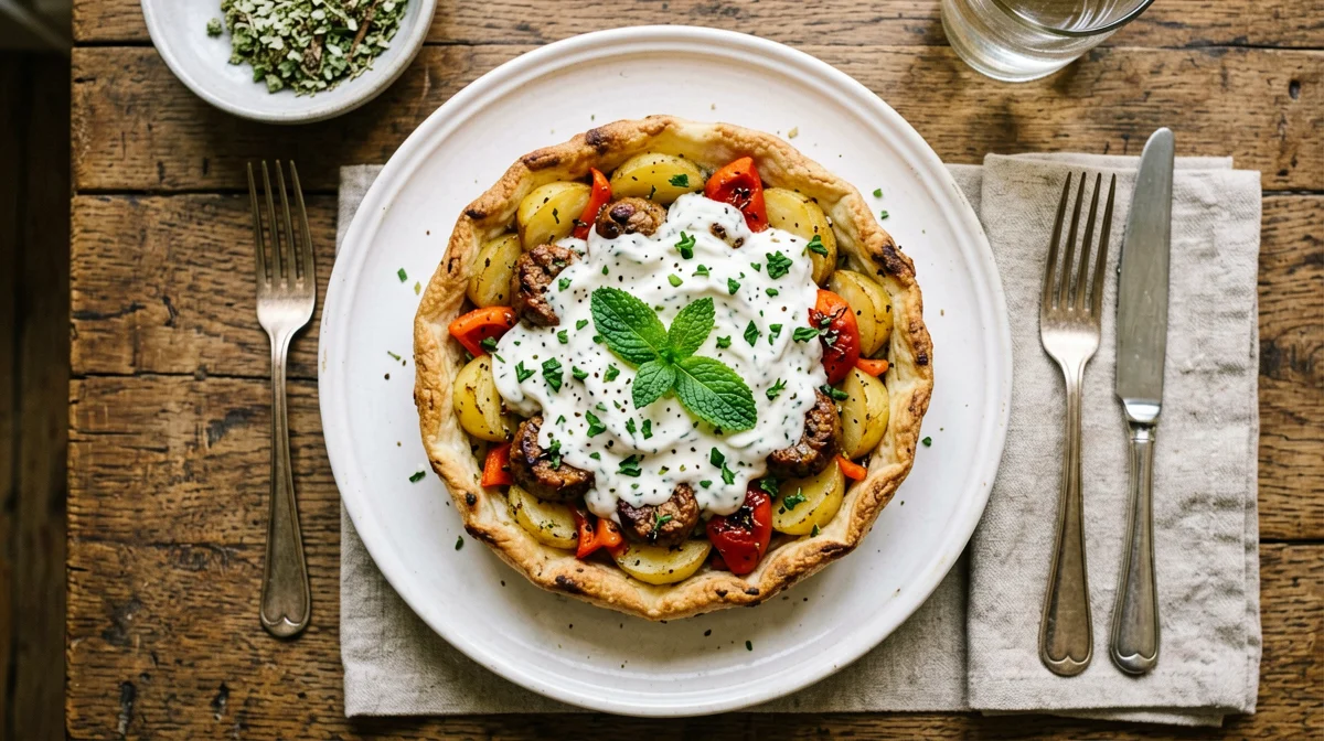 Teglia di patate, peperoni e halloumi all'origano con yogurt alla menta