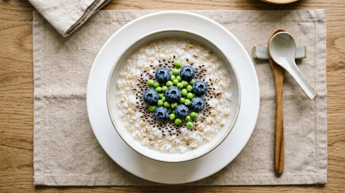 Porridge di avena alla bevanda di riso con proteine di pisello, mirtilli e semi di canapa