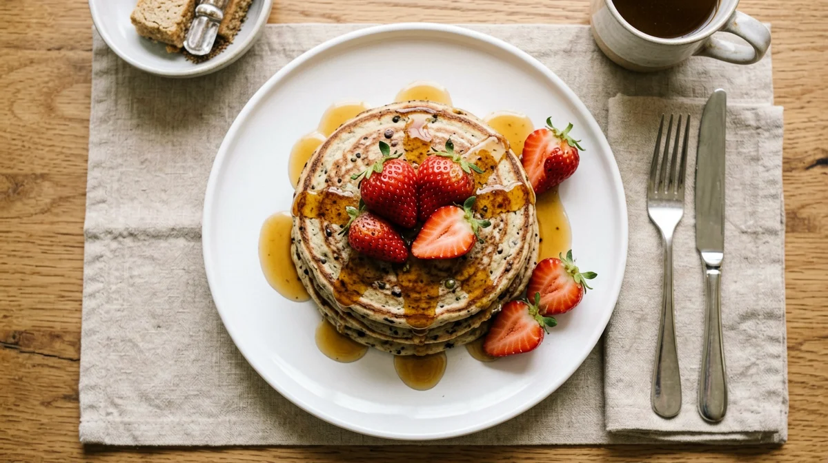 Pancake di grano saraceno e proteine di pisello con fragole e sciroppo d'acero