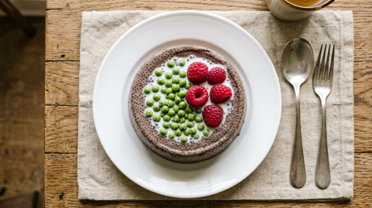 Budino di chia al cacao con bevanda di piselli e lamponi