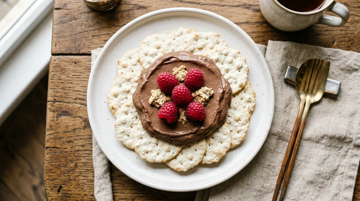 Chocolate tofu cream on rice cakes with raspberries