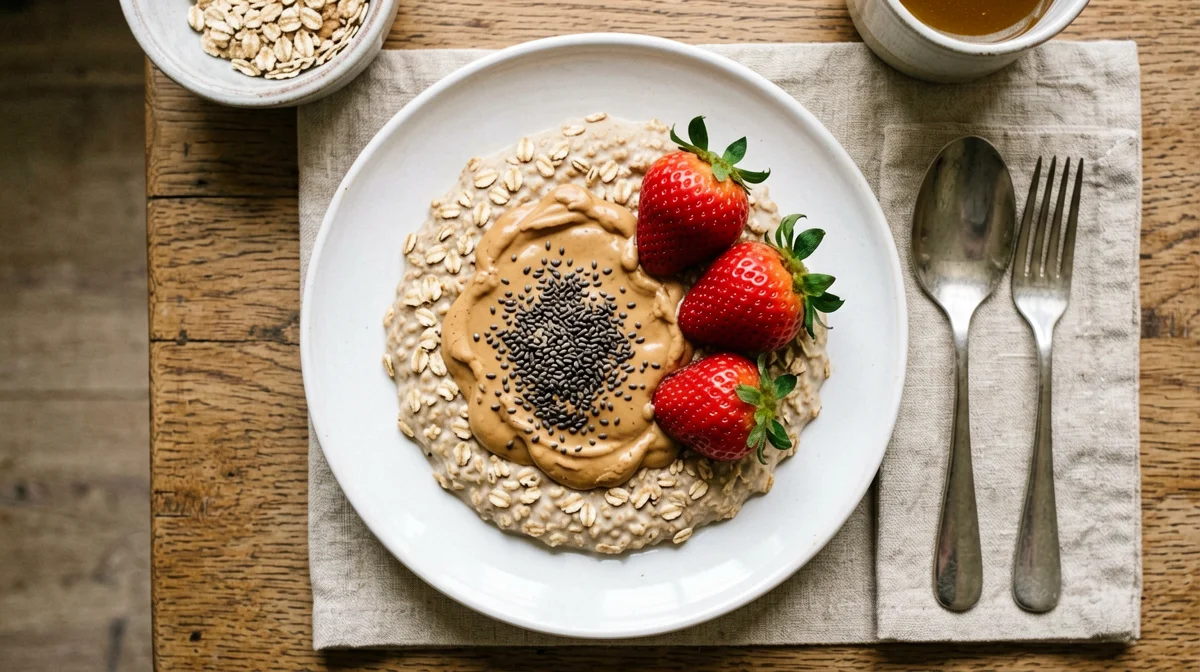 Overnight oats with oat bran, peanut butter, hemp seeds and strawberries