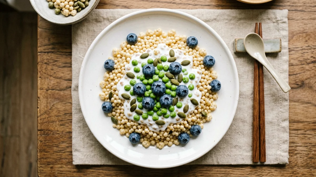 Puffed millet with pea milk, pumpkin seeds and blueberries