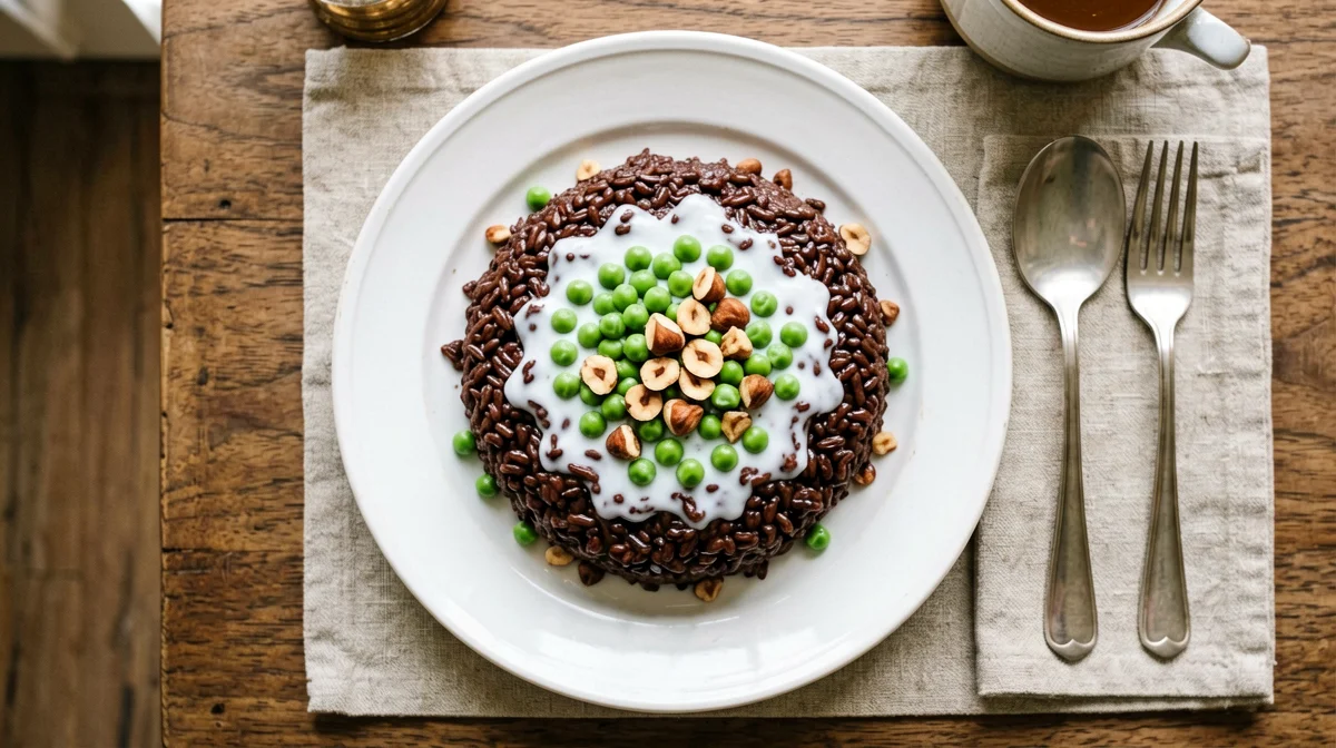 Crema di riso al cacao con bevanda di piselli e nocciole
