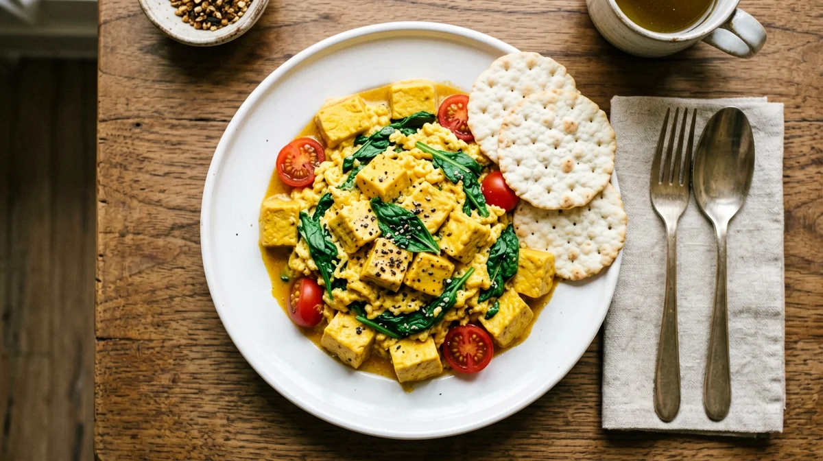 Tofu strapazzato alla curcuma con spinaci, pomodorini e gallette di riso