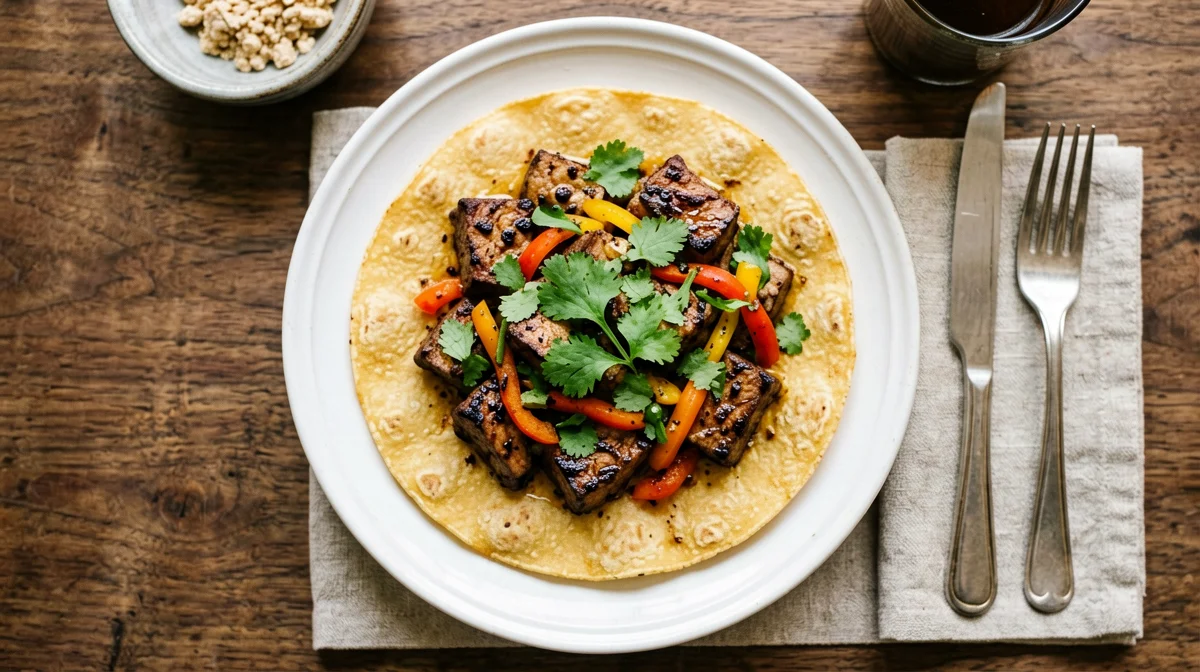 Corn tortillas with smoked tofu, peppers and coriander
