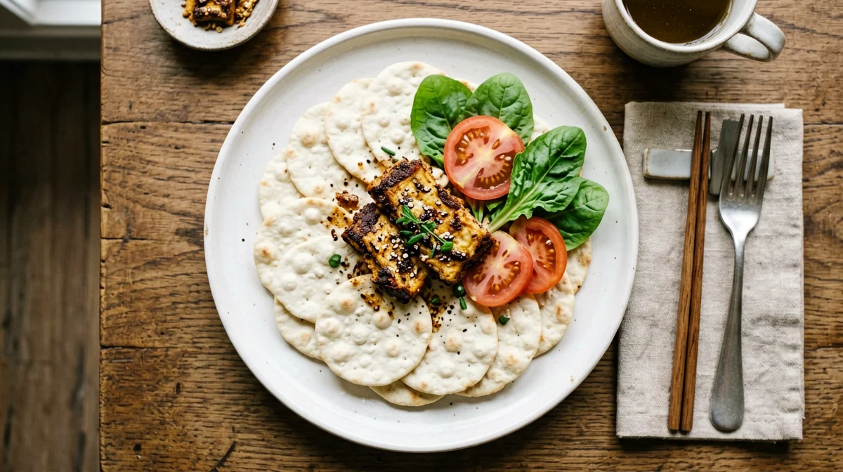 Rice cakes with crispy tamari tempeh, tomato and rocket
