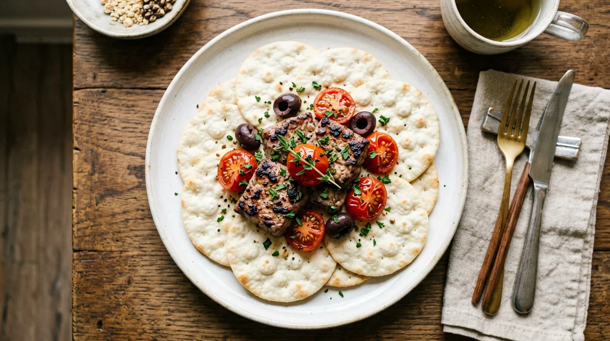 Griddled seitan with cherry tomatoes, olives and oregano on corn cakes