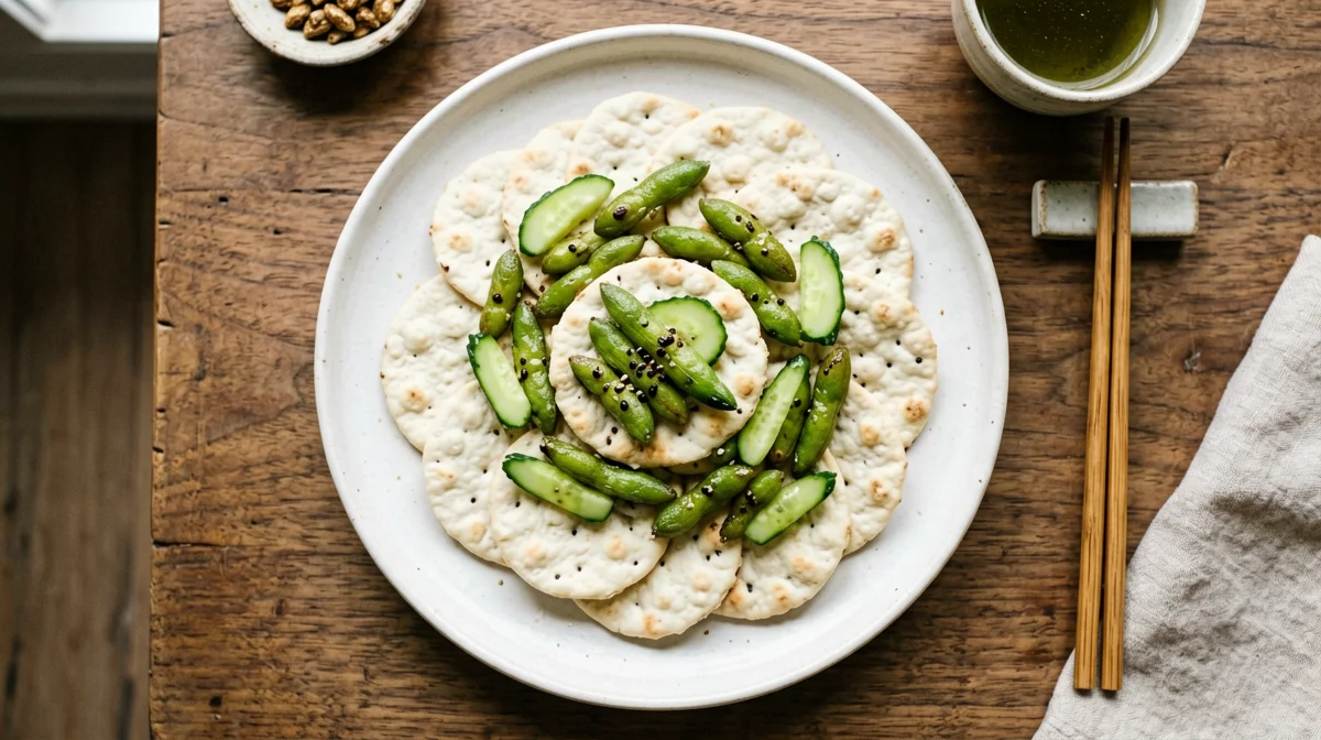 Lemony edamame spread on rice cakes with cucumber