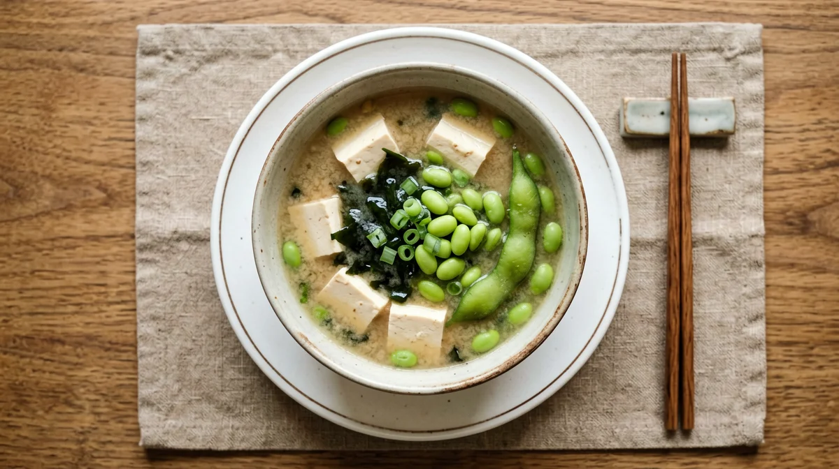 Zuppa di miso con tofu, alga wakame ed edamame