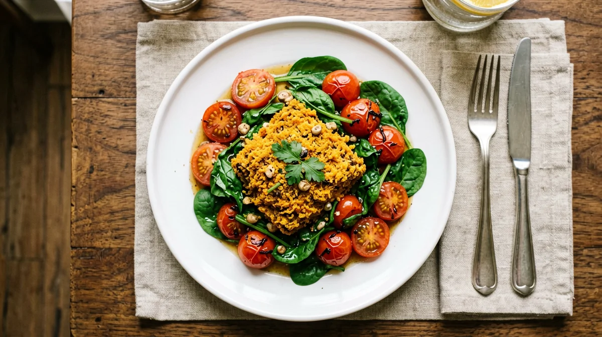 Crispy paprika tempeh with sautéed cherry tomatoes and spinach