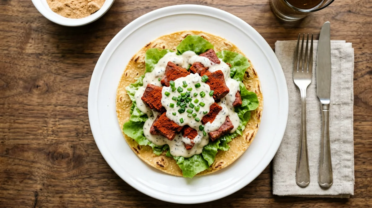 Corn tortillas with paprika seitan, lettuce and tahini sauce
