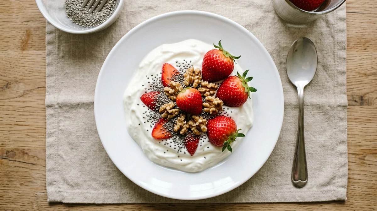 Lactose-free Greek yogurt with strawberries, walnuts and chia seeds