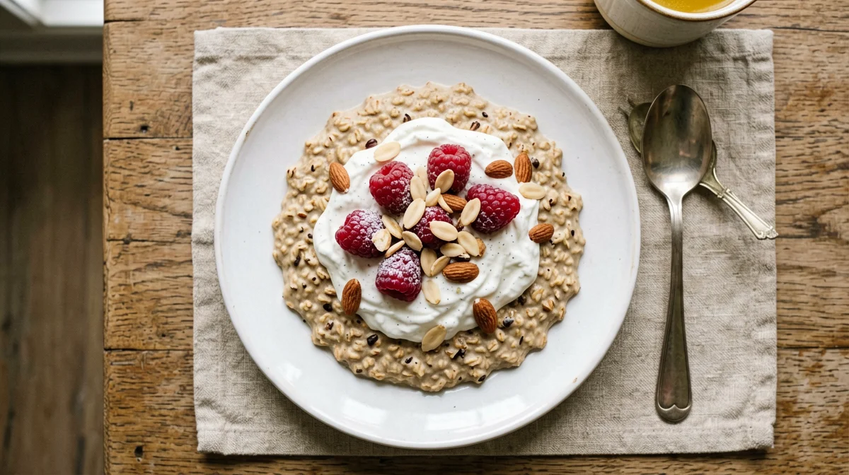 Overnight oats with lactose-free Greek yogurt, raspberries and almonds