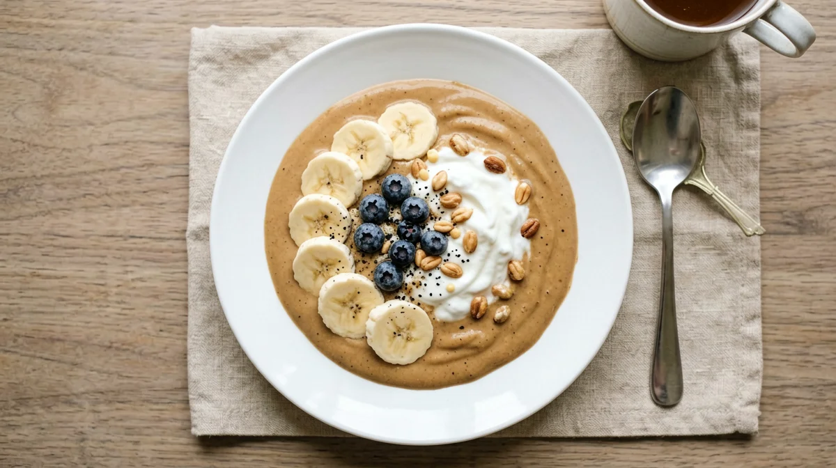 Frullato di latte senza lattosio, banana e burro di arachidi con yogurt greco