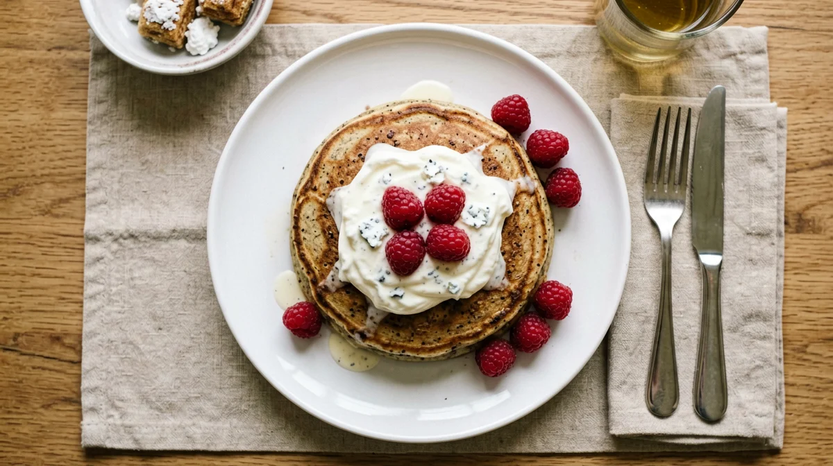 Buckwheat pancakes with lactose-free Greek yogurt and raspberries