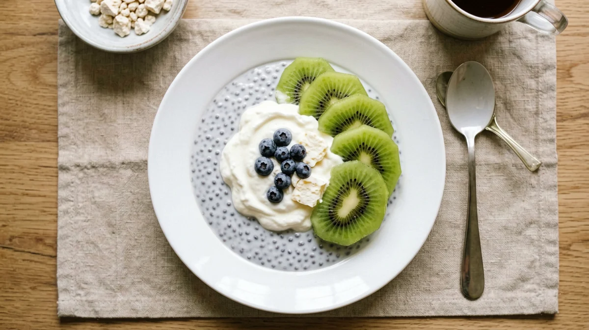 Budino di chia al latte senza lattosio con yogurt greco e kiwi