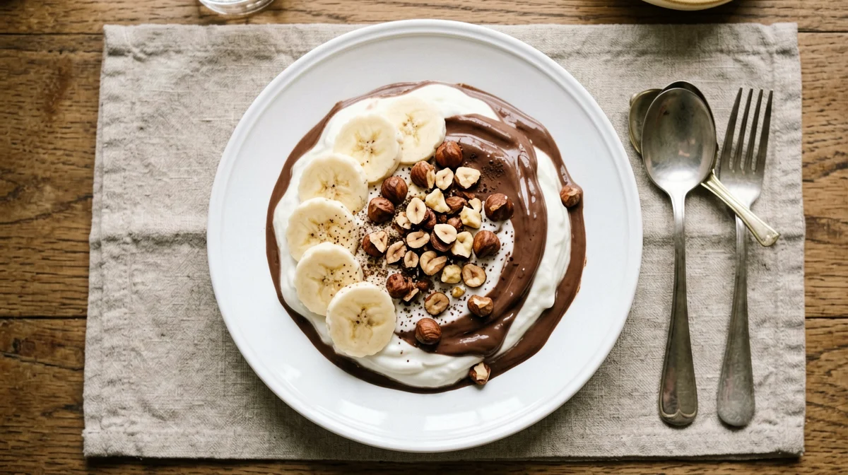 Yogurt greco senza lattosio al cacao con banana e granella di nocciole