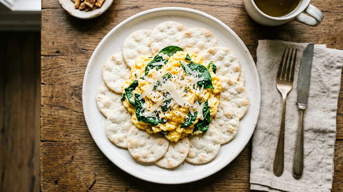 Scrambled eggs with spinach and Parmesan on rice cakes