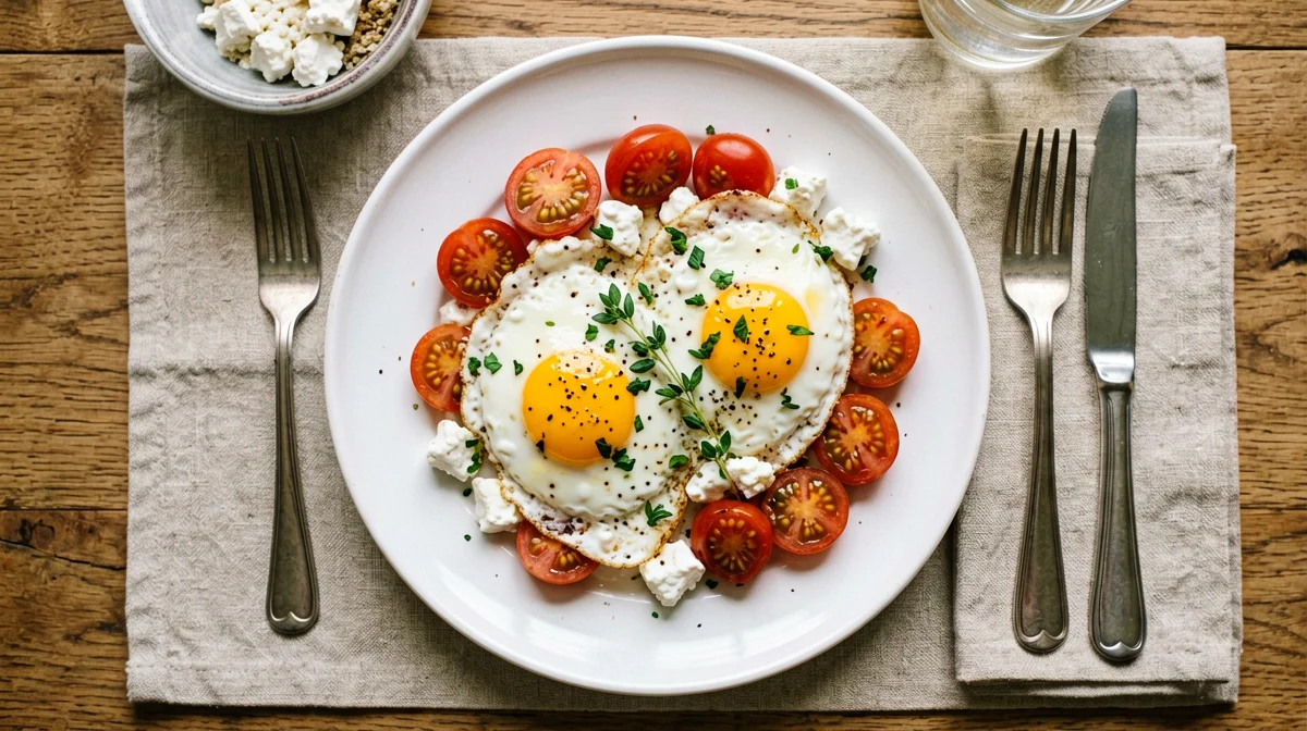 Fried eggs with cherry tomatoes, feta and oregano