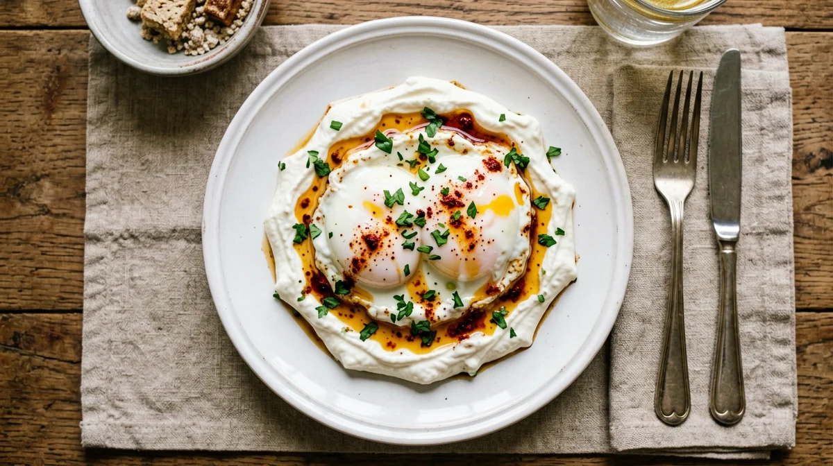 Uova in camicia su yogurt greco alle erbe con olio alla paprika
