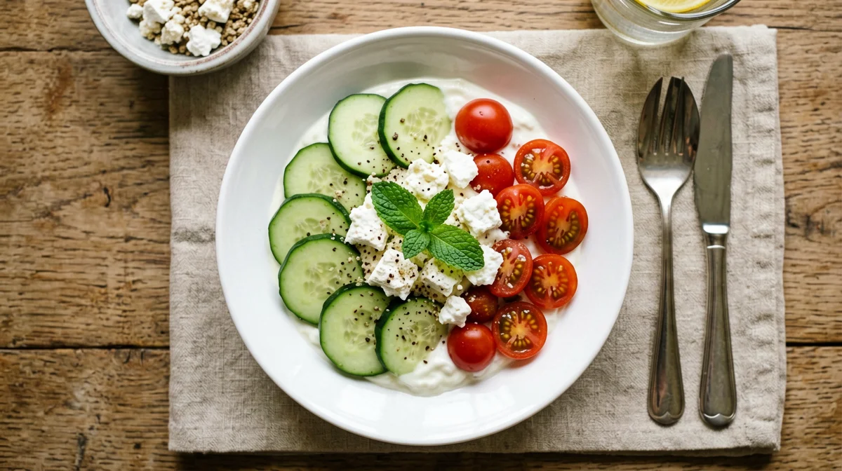 Savoury Greek yogurt bowl with cucumber, feta, cherry tomatoes and mint