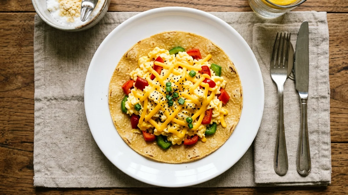 Corn tortilla with scrambled eggs, peppers and cheddar