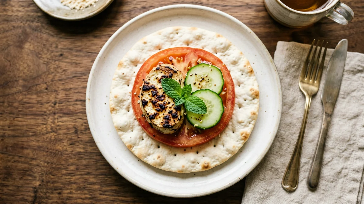 Griddled halloumi with tomato, cucumber and mint on a rice cake