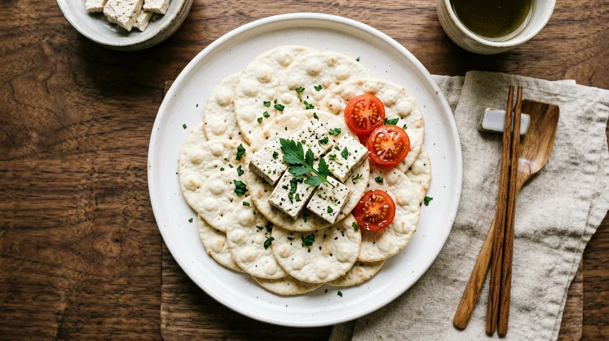 Gallette di riso con tofu affumicato, pomodorini e origano