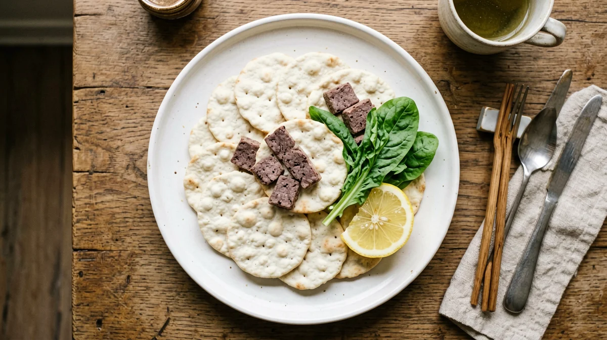 Corn cakes with seitan, rocket and lemon